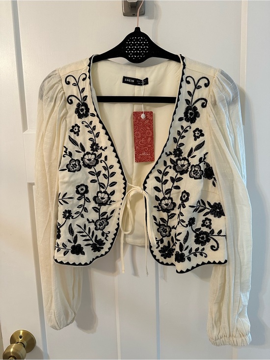 SHEIN Tops - SHEIN Cream Cropped Tie-Front Cardigan with Black Floral Embroidery